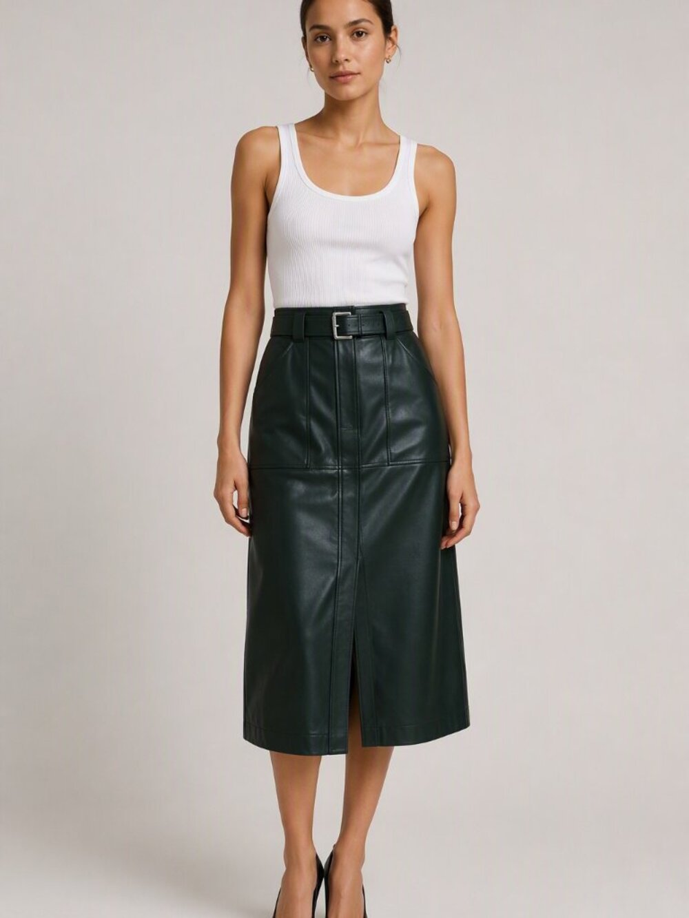 NWT Massimo Dutti Black Leather Belted Utility Midi Skirt Size L w/ Pockets